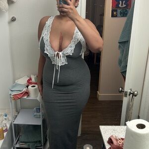 Fashion Nova Gray and White Lace Maxi Dress